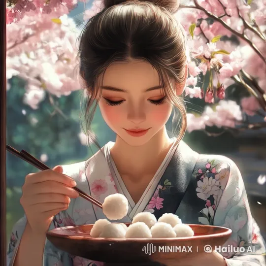 Traditional Woman Enjoying Sushi Under Cherry Blossoms – AI Generated Video | Hailuo AI