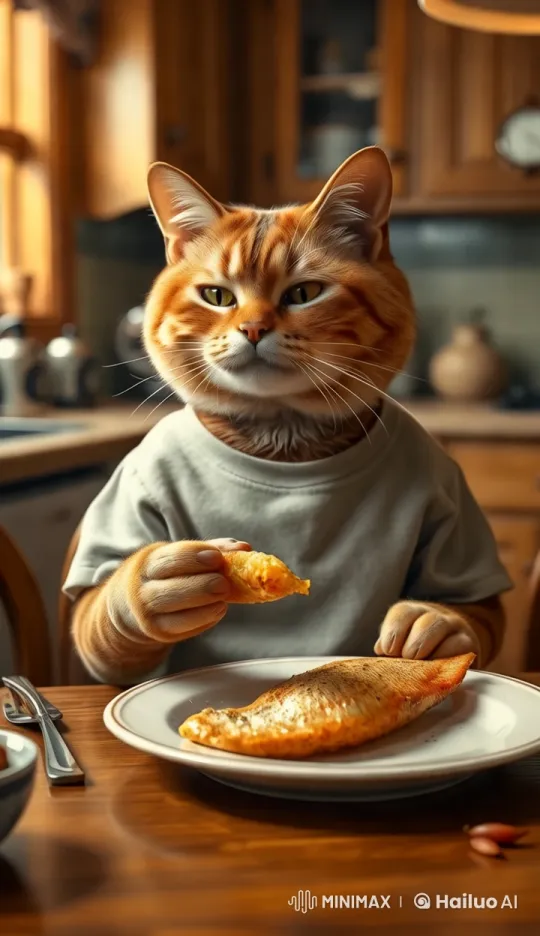 Orange Tabby Cat Enjoying Fish in Cozy Kitchen – AI Generated Video | Hailuo AI
