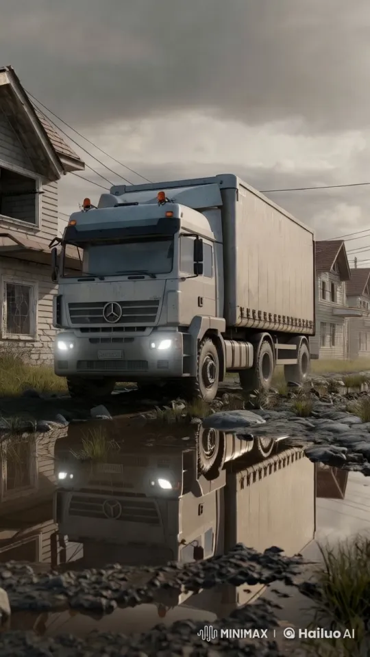 Truck Drives Through Muddy Road Reflecting in Puddles – AI Generated Video | Hailuo AI
