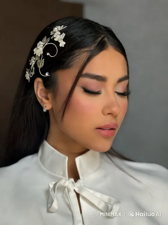 Elegant Woman Adjusts Hairpiece in Serene Setting – AI Generated Video | Hailuo AI