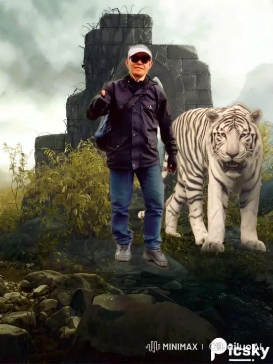 Person Walks with White Tiger in Ancient Ruins – AI Generated Video | Hailuo AI