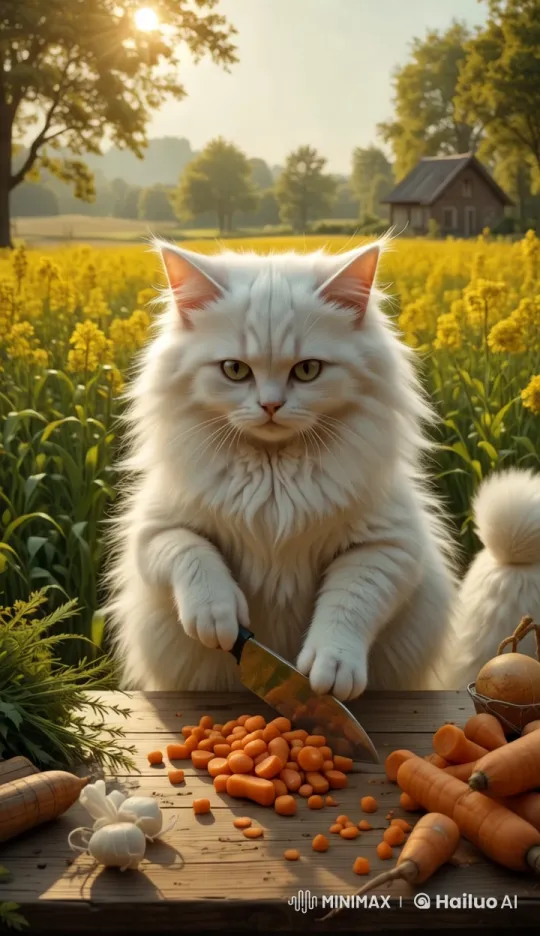 Fluffy Cat Chops Carrots in Serene Mustard Field – AI Generated Video | Hailuo AI