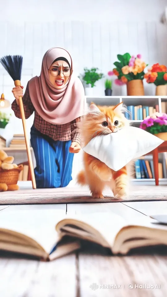 Angry Woman and Cat with Pillow in Colorful Room – AI Generated Video | Hailuo AI