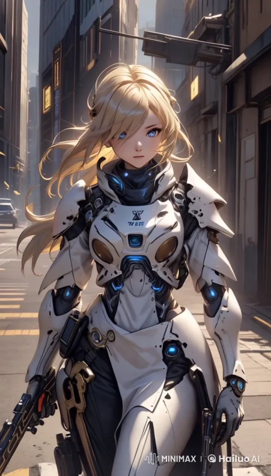 Futuristic Woman in Technological Armor Walks Through City – AI Generated Video | Hailuo AI
