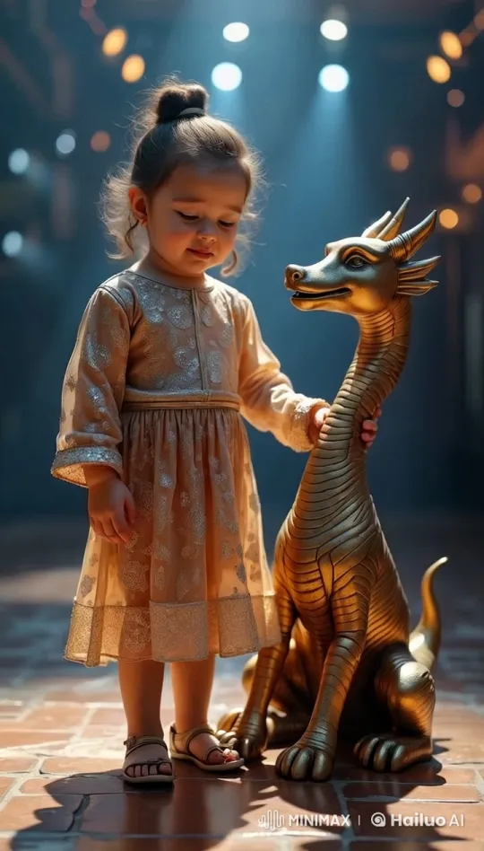 Girl Cherishes Bronze Dragon Statue in Magical Setting – AI Generated Video | Hailuo AI