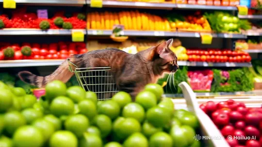 Cat Explores Vibrant Grocery Store in Tracking Shot – AI Generated Video | Hailuo AI