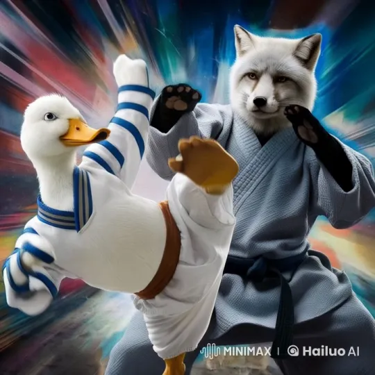 Duck in Martial Arts Uniform Engages in Energetic Kung Fu Battle – AI Generated Video | Hailuo AI