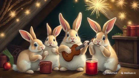 Cozy Attic Celebration: Rabbits' New Year's Eve Jazz Party – AI Generated Video | Hailuo AI