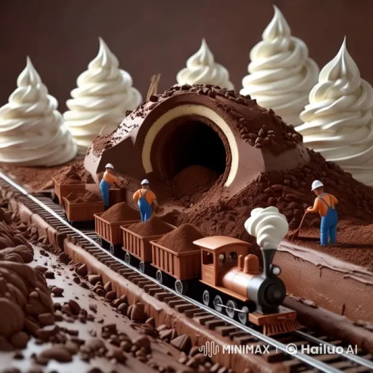 Chocolate Train Workers Load and Depart on Whimsical Track – AI Generated Video | Hailuo AI