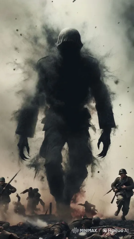 Soldier Flees Shadowy Monster Amidst Battlefield Chaos – AI Generated Video | Hailuo AI