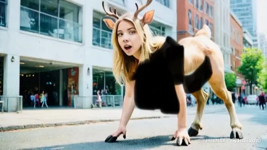 Female Figure Blends Human and Reindeer Traits in Urban Setting – AI Generated Video | Hailuo AI