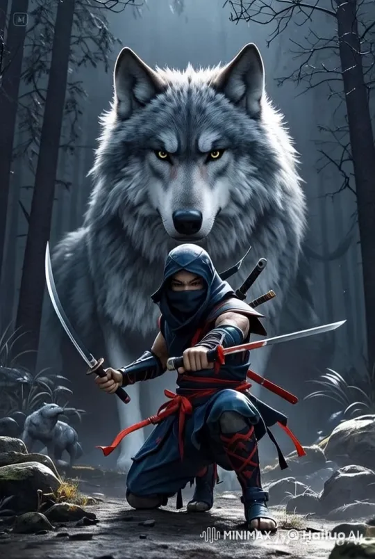 Ninja and Majestic Wolf in Misty Forest Defense Scene – AI Generated Video | Hailuo AI
