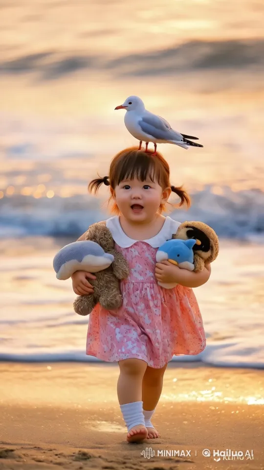 Girl with Plush Toys on a Beach at Sunset – AI Generated Video | Hailuo AI