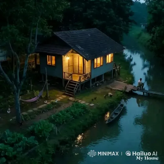 Tranquil Riverside Haven with Wooden Stilt House – AI Generated Video | Hailuo AI