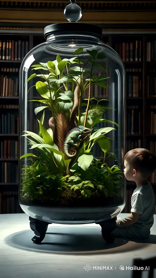 Boy Observes Chameleon's Color Change in Lush Terrarium – AI Generated Video | Hailuo AI