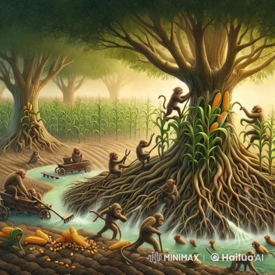 Monkeys Engage in Playful Work in Lush Cornfield – AI Generated Video | Hailuo AI