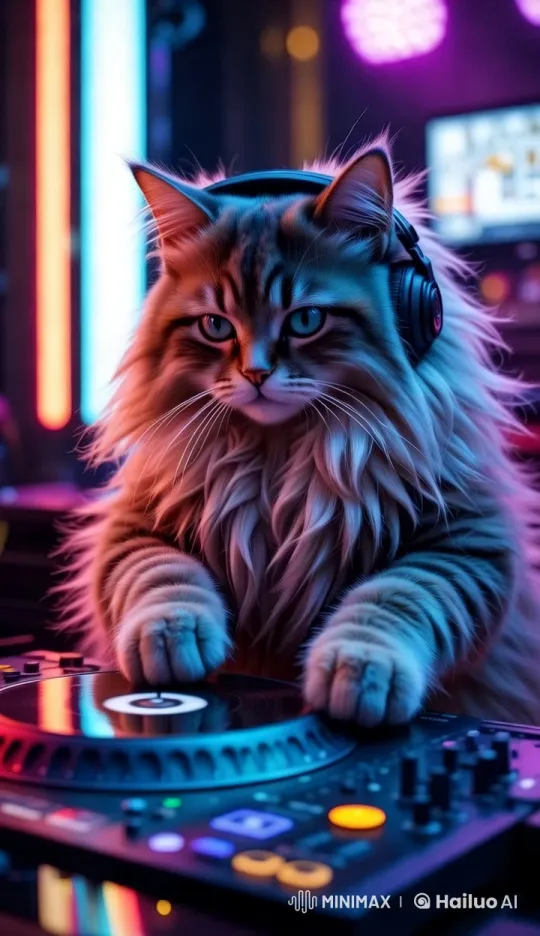 Cat DJ Performance at Neon Party – AI Generated Video | Hailuo AI