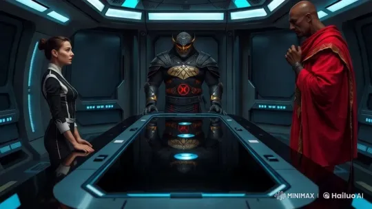 Futuristic Control Room with Armored Central Figure – AI Generated Video | Hailuo AI