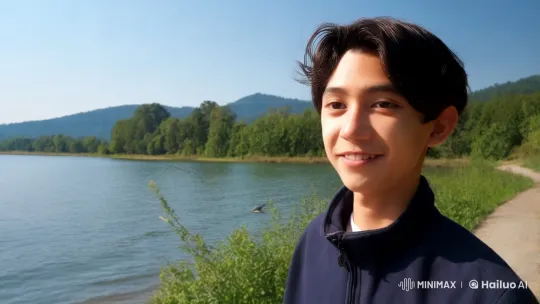 Young Man Enjoys Serene Lakeside with Peaceful Surroundings – AI Generated Video | Hailuo AI