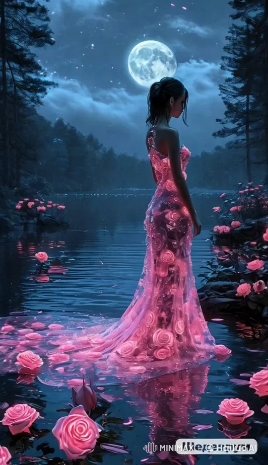 Enchanted Woman in a Rose-Dress by Moonlit Lake – AI Generated Video | Hailuo AI
