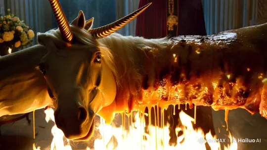 Unicorn Roasted Over Medieval Feast with Mysterious Figure – AI Generated Video | Hailuo AI
