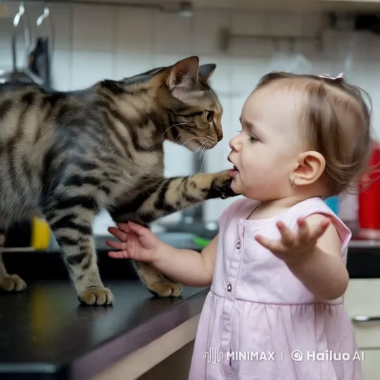 Girl and Cat's Whimsical Play on Kitchen Counter – AI Generated Video | Hailuo AI