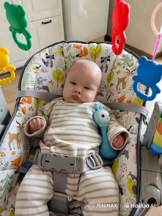 Baby in Cozy Onesie Enjoys Playful Forest-Themed Bouncer – AI Generated Video | Hailuo AI