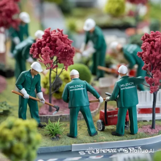 Miniature Garden Scene with 'MILENOV' Figurines – AI Generated Video | Hailuo AI