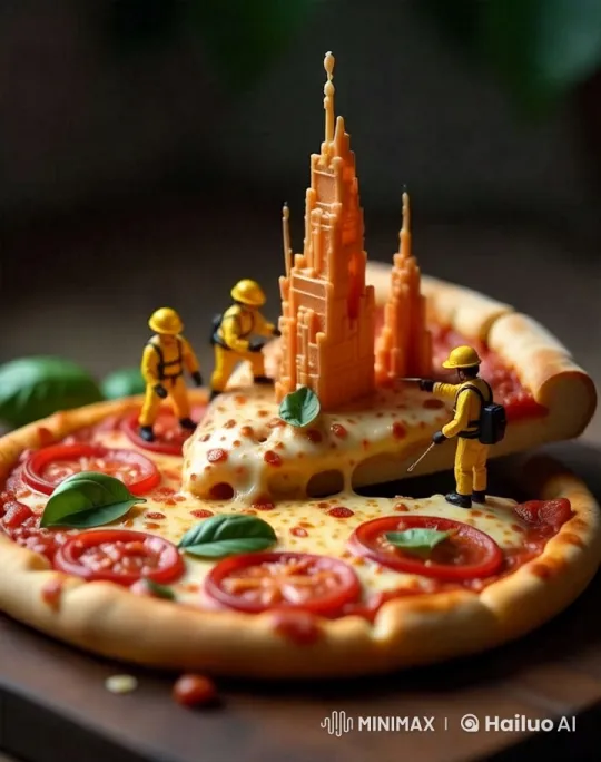 Miniature Workers Build Pepperoni Skyscraper on Crispy Pizza – AI Generated Video | Hailuo AI