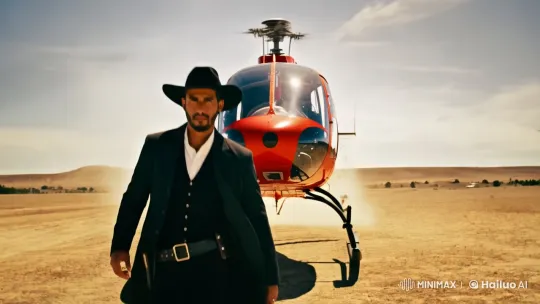 Dramatic Arrival: Cowboy-Hatted Man Approaches Whirring Helicopter – AI Generated Video | Hailuo AI