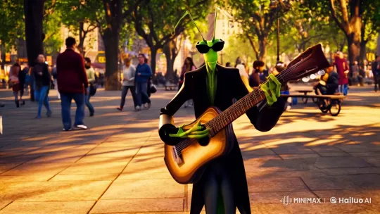 Mantis in City Park Plays Guitar in Surreal Scene – AI Generated Video | Hailuo AI