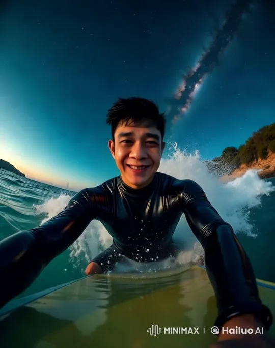 Surfer Glides Through Waves Under Milky Way – AI Generated Video | Hailuo AI