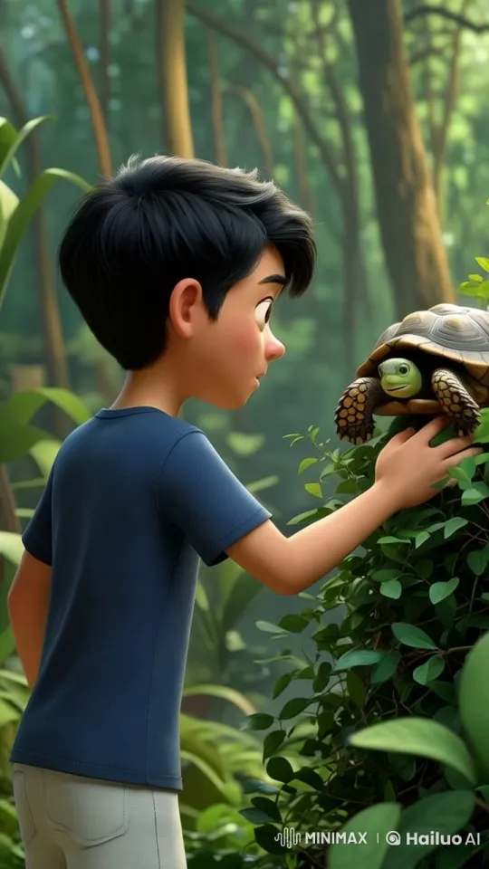 Boy and Turtle: Serene Forest Interaction – AI Generated Video | Hailuo AI