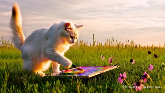 Fluffy Cat Artist Paints Serene Meadow Scene – AI Generated Video | Hailuo AI