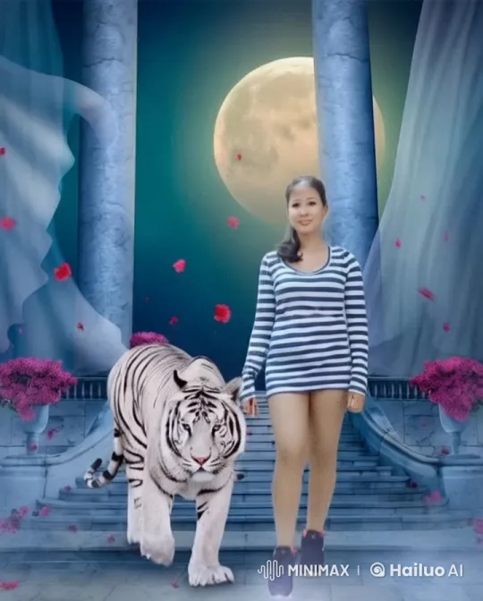 Enchanted Walk with White Tiger in Mystical Setting – AI Generated Video | Hailuo AI