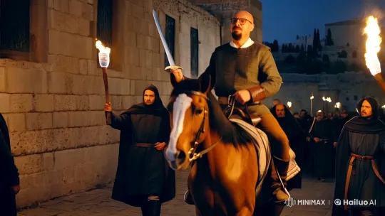 Medieval Rider Leads Through Ancient Jerusalem at Night – AI Generated Video | Hailuo AI