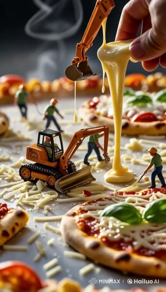 Miniature Construction Crew Makes Playful Pizza – AI Generated Video | Hailuo AI