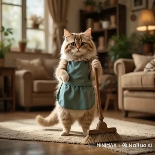 Fluffy Cat in Apron Cleans Living Room – AI Generated Video | Hailuo AI