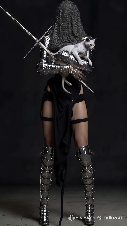 Futuristic Female Warrior Embraces Cat Amidst Fiery Flames – AI Generated Video | Hailuo AI