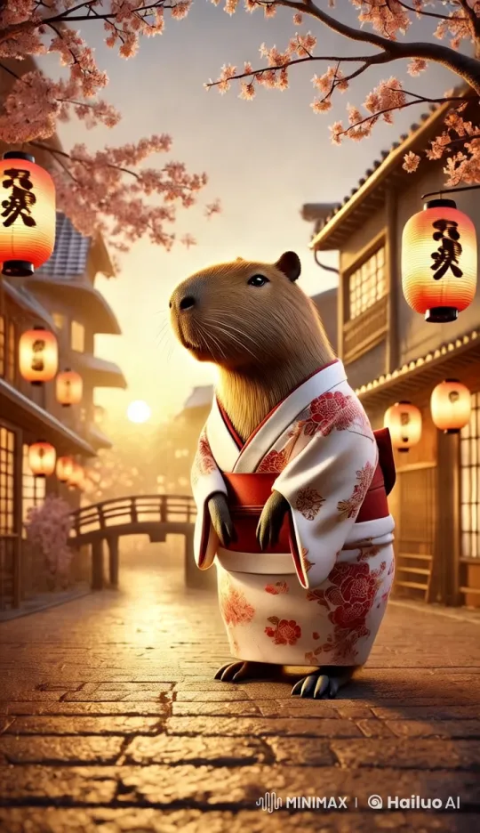 Capybara in Kimono Twirls Umbrella at Festive Japanese Street – AI Generated Video | Hailuo AI