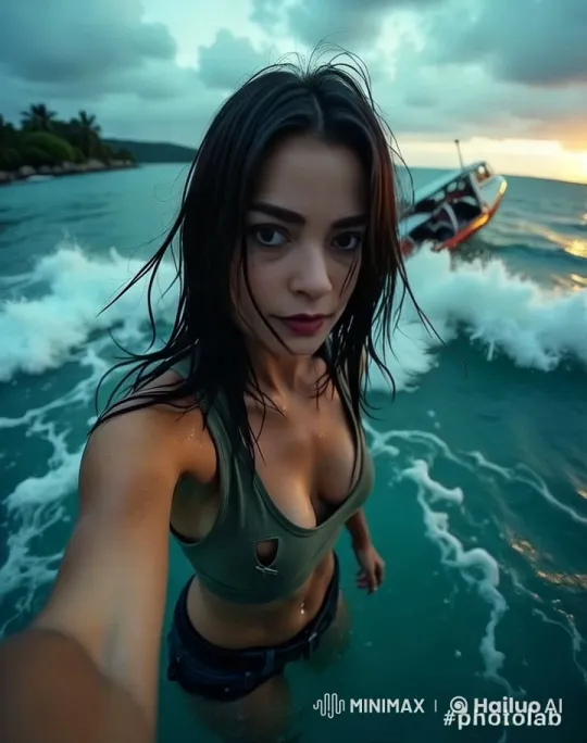 Woman Stands in Ocean as Wave Rocks Boat – AI Generated Video | Hailuo AI