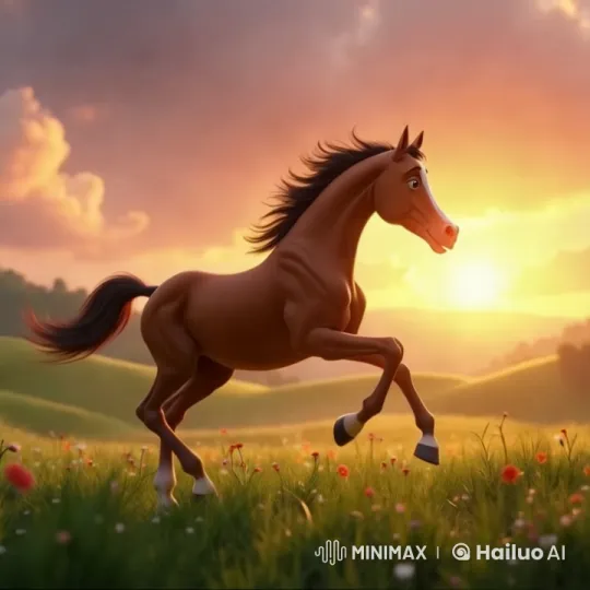 Vibrant Horse Trotting Through Colorful Meadow at Sunset – AI Generated Video | Hailuo AI