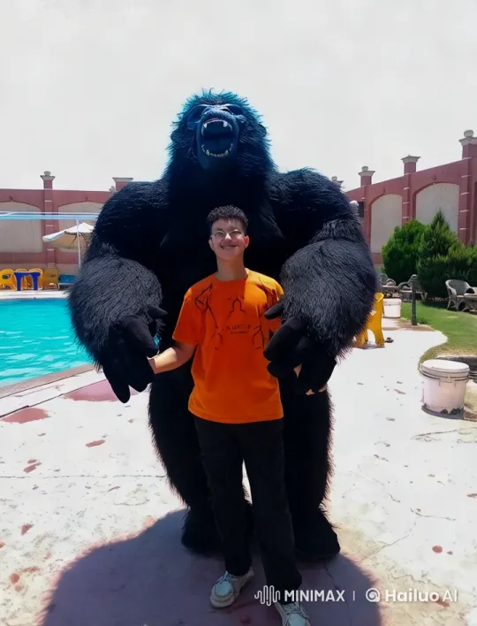Lifelike Gorilla Costume Leads Playful Dance by Pool – AI Generated Video | Hailuo AI