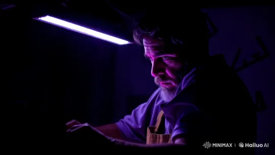 Artistic Work Under Mysterious Purple Light – AI Generated Video | Hailuo AI