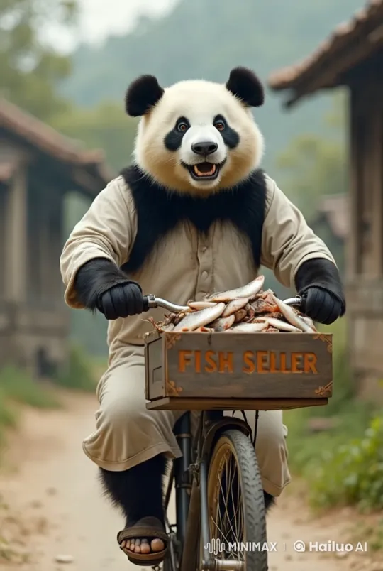 Panda Fish Seller Rides Through Rural Village – AI Generated Video | Hailuo AI