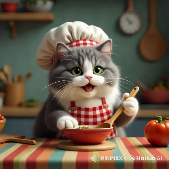 Chef Cat Spills Veggie Bowl in Playful Scene – AI Generated Video | Hailuo AI