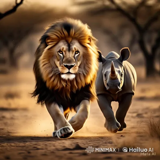 Lion and Rhinoceros Run Across Savannah at Dusk – AI Generated Video | Hailuo AI