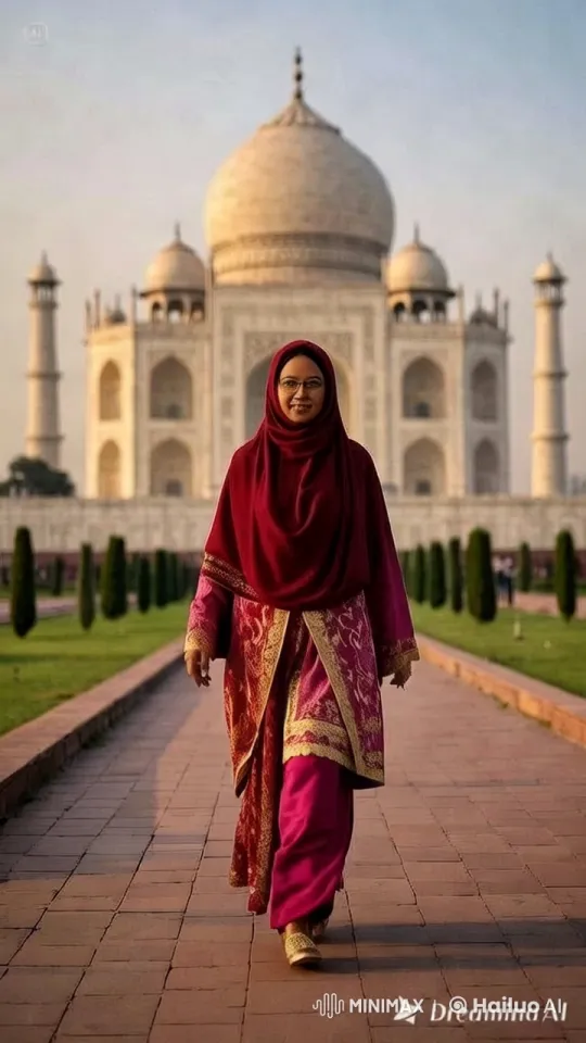 Woman in Maroon and Gold Walks Past Taj Mahal at Dawn – AI Generated Video | Hailuo AI