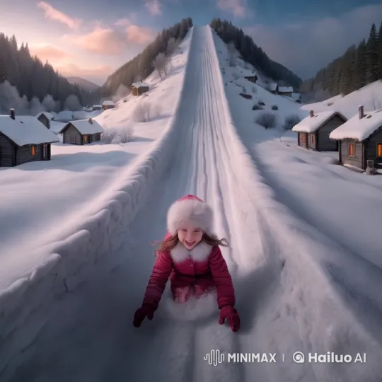 Winter Village: Girl's Playful Slip on Snowy Path – AI Generated Video | Hailuo AI