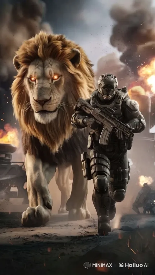 Futuristic Soldier and Lion Charge Through Chaotic Battlefield – AI Generated Video | Hailuo AI